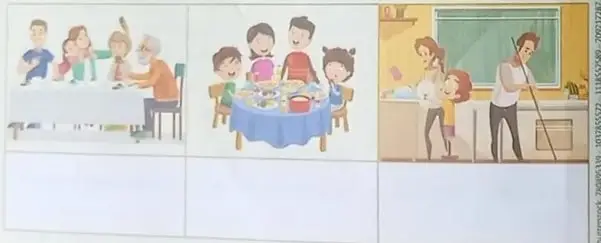 Tres ilustraciones familiares: abuelos juntos, familia comiendo, niño limpiando.