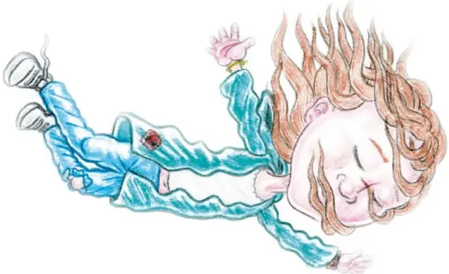 Úrsula cayendo de cabeza, con ojos cerrados y cabello al viento, entre burbujas y estrellas.