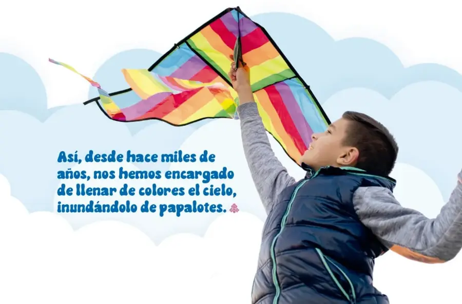 Fotografía de un niño de chaleco azul que alza con la mano un papalote de listones de colores (arcoíris) contra un fondo de nubes.