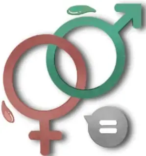 Ilustración de los símbolos de género femenino y masculino entrelazados, con un ícono de igualdad (=) dentro de un globo de diálogo. Crédito: Vanessa Roldán García, Estado de México.