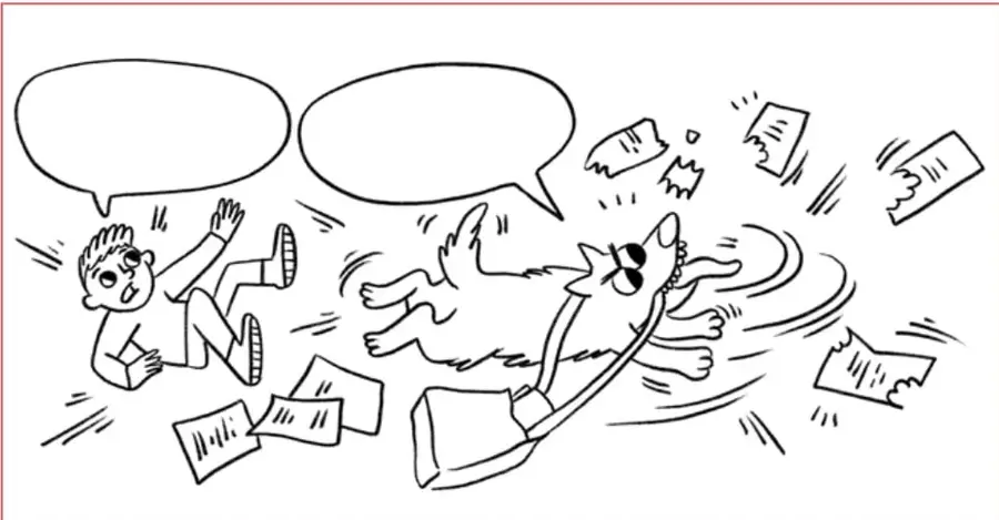Cómic con un niño sentado en el suelo, sorprendido, y un perro que corre llevándose un bolso escolar; hay papeles volando y dos globos de diálogo vacíos.