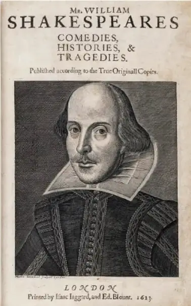 Portada de 'Mr. William Shakespeare's Comedies, Histories & Tragedies' (First Folio, 1623) con el retrato de Shakespeare; impreso en Londres por Isaac Jaggard y Ed. Blount.