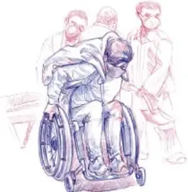 Boceto a color de un grupo de personas, entre ellas una persona en silla de ruedas, representando a la población vulnerable ante los sismos.