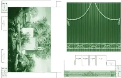 Teatrino armable con su fondo decorado (vegetación y telón con cortinaje) y las pestañas de montaje.