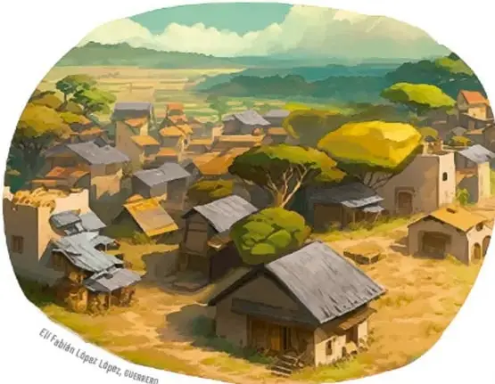 Ilustración de una comunidad rural con casas de techo de teja, calles de tierra, árboles y montañas al fondo. Crédito: Eli Fabián López López, Oaxaca.