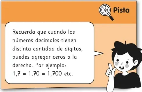 Recuadro naranja 'Pista' con un niño señalando: recuerda que puedes agregar ceros a la derecha para igualar la cantidad de decimales, por ejemplo 1,7 = 1,70 = 1,700.
