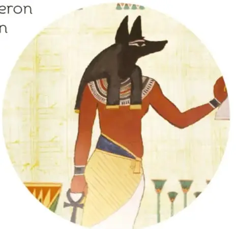 Pintura circular de un dios egipcio con cabeza de chacal (Anubis) portando un cetro.