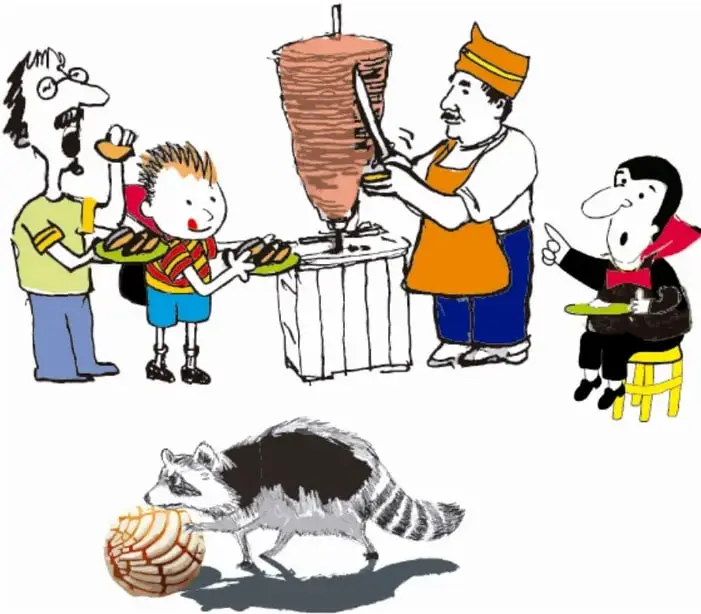 Ilustración de un puesto de pan: un vendedor corta un pan grande, un niño y un adulto compran, y un personaje disfrazado de vampiro observa.