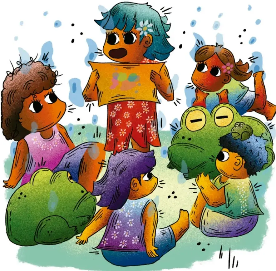 Ilustración de niñas y niños sentados alrededor de dos ranas grandes; una niña de pie sostiene un cartel con un organizador gráfico. Crédito: Luis Fernando Sotelo Gaspar, Querétaro.