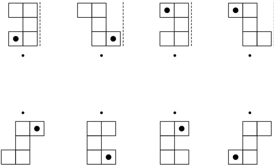 Cuatro figuras en cuadrícula con punto negro y eje punteado, y cuatro imágenes reflejadas para unir.