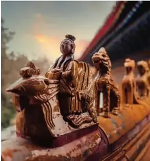 Ilustración de la antigua China con pagodas y un dragón rojo.
