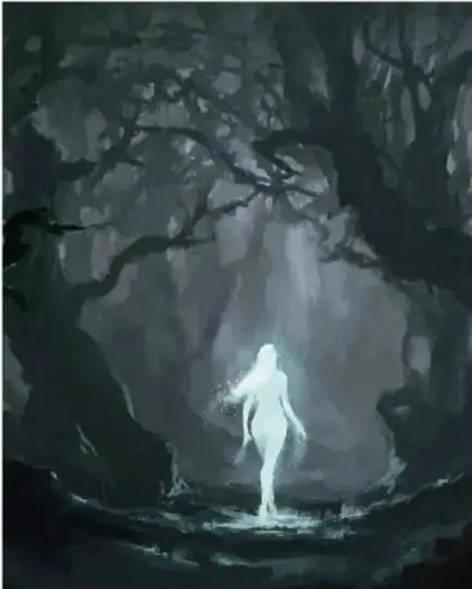Ilustración de una figura femenina luminosa recorriendo un sendero oscuro entre árboles, evocando el cuento 'El obstáculo' de Amado Nervo.