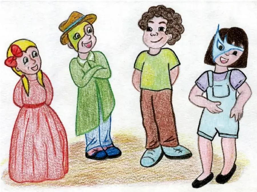 Cuatro niños en trajes teatrales: niña de vestido rojo largo con lazo, niño con sombrero y antifaz amarillos de brazos cruzados, niño sonriente de camiseta verde y niña con antifaz azul y overol celeste; crédito: Elizabeth Solis Balderas, TLAXCALA.