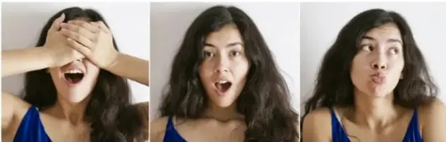 Tres fotografías de una joven expresando distintas emociones: sorpresa, asombro y duda.