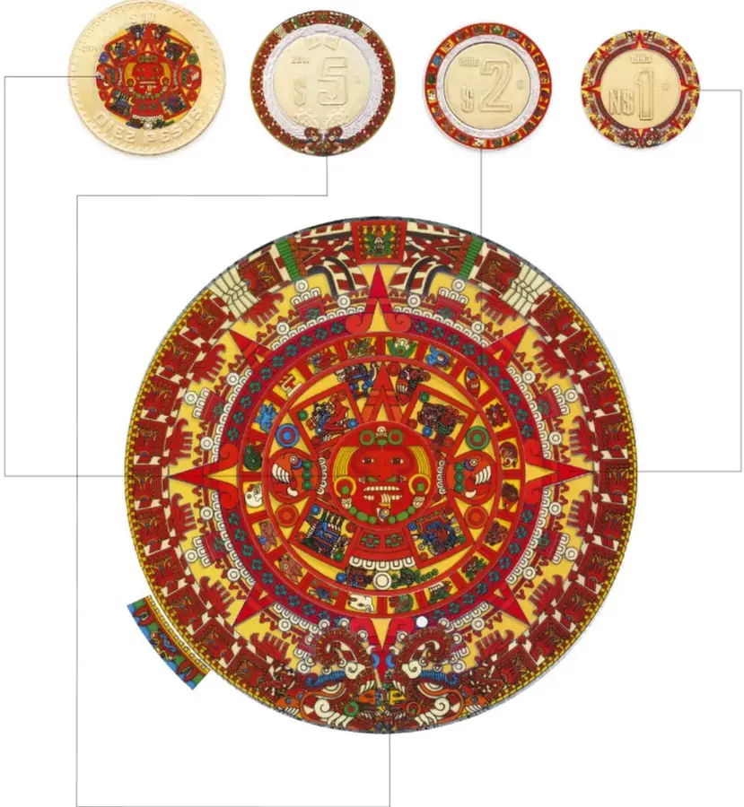 Cuatro monedas en fila: 10 pesos dorada, 5 pesos bimetálica, 2 pesos y 1 peso, cada una con un aro rojo decorado que forma parte de un diseño mayor.