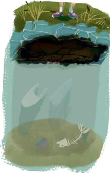 Ilustración de una laguna contaminada: en la superficie hay espuma y una mancha oscura; bajo el agua se observan peces muertos (esqueletos) y desechos flotando. En la orilla hay pasto y piernas de una persona.