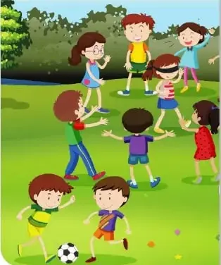 Ilustración de niñas y niños jugando y compartiendo actividades en un espacio al aire libre.