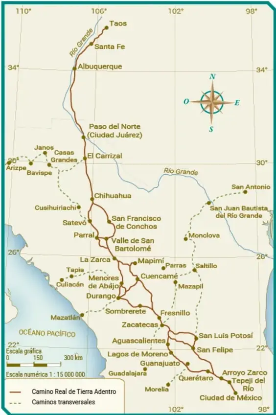 Mapa del Camino Real de Tierra Adentro con escala gráfica de 0 a 300 km y escala numérica 1:15 000 000. Muestra la ruta desde Ciudad de México hasta Taos y Santa Fe, pasando por Zacatecas, San Luis Potosí, Chihuahua y El Paso del Norte. Incluye leyenda con camino principal y caminos transversales.