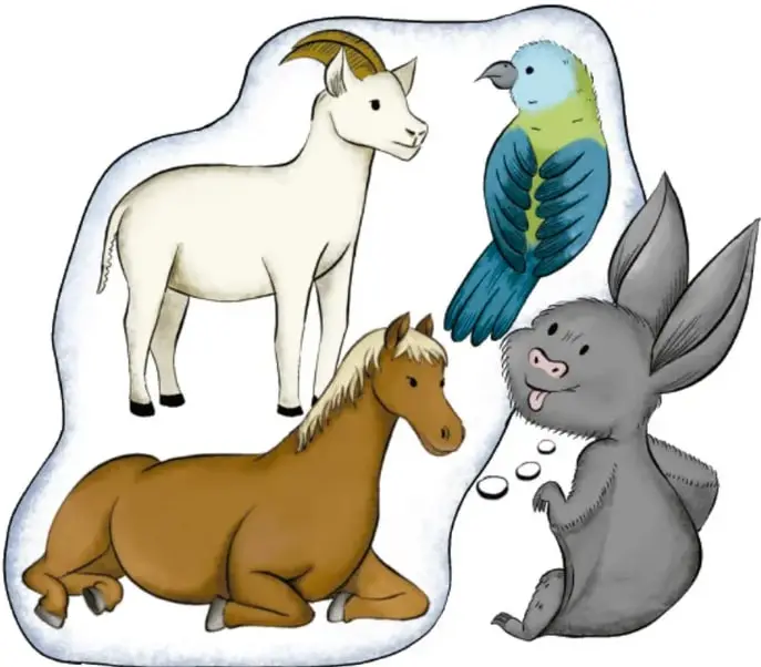 Un murciélago gris junto a una cabra blanca con cuernos, un loro verde y azul y un caballo café acostado. Crédito: Marián Luna Cuéllar, Veracruz.