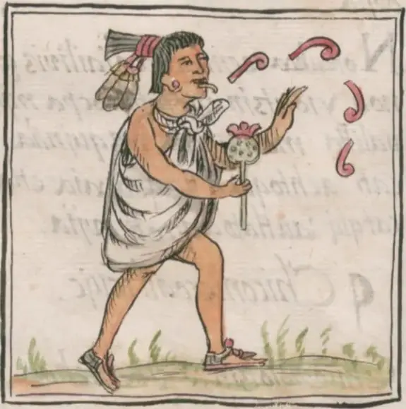 Ilustración de un códice náhuatl: figura indígena con penacho, sandalias y túnica, en actitud de cantar o recitar, con glifos de sonido (comillas) saliendo de su boca; fondo con escritura europea difuminada.