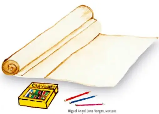 Ilustración de un rollo de papel y una caja de crayones.