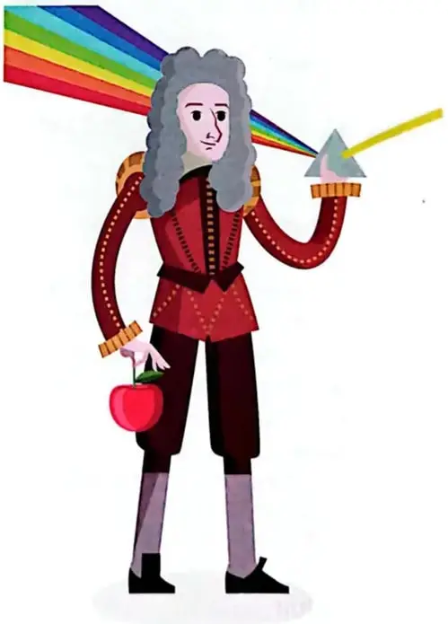 Ilustración de Isaac Newton con peluca, traje rojo, prisma con luz y una manzana