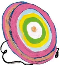 Ilustración de un trompo (peón) con rayas de colores rosado, verde, amarillo y blanco.
