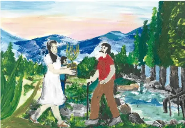 Pintura de dos personas plantando un árbol joven entre pinos, con un río y montañas azules al fondo bajo un cielo rosado; firma: Abdón Pinedo García, Zacatecas.