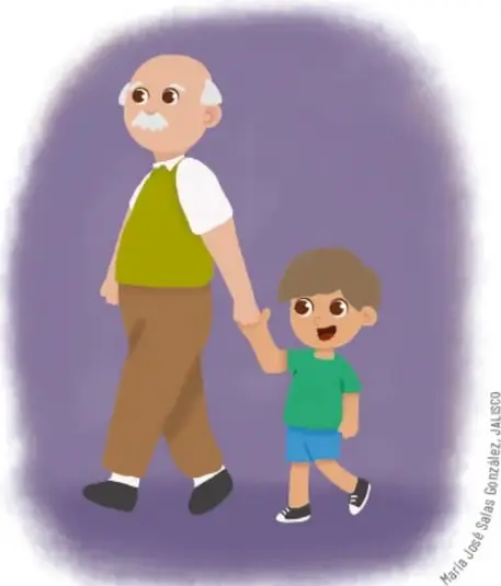 Ilustración de un adulto mayor con bastón y un niño tomados de la mano, caminando; crédito María José Salas González, JALSTO.