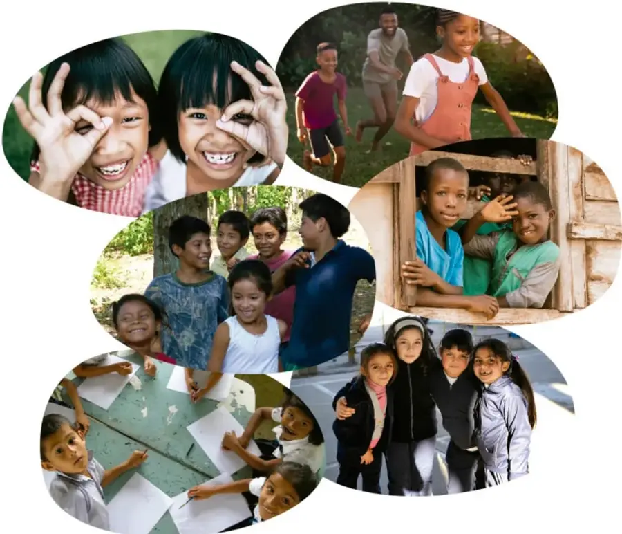 Collage de seis fotografías circulares de niñas y niños de distintos lugares del mundo: dos niñas sonriendo haciendo figuras con las manos; un grupo jugando en un parque con un adulto; niñas asomadas a la ventana de una casa de madera; niños conviviendo al aire libre entre árboles; niños trabajando con hojas de papel sobre una mesa; y un grupo de niñas abrazadas en la calle.