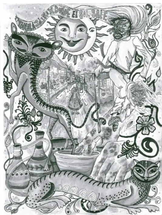 Ilustración en blanco y negro con figuras oníricas: un sol con rostro, una mujer con cabello largo, un gato, una serpiente y frascos. En la parte superior dice 'TENÍAMOS QUE PONERLE EL SOL A LA SAL'. Firmado por María del Rosario Escobar García, Jalisco.
