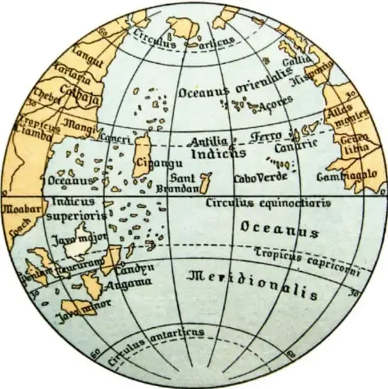 Mapa circular del mundo conocido en la época, con continentes (África, Asia, Europa), océanos (Índico, Atlántico, Pacífico), líneas imaginarias (Ecuador, trópicos, círculos polares) y regiones como Tartaria, Catai, India, Etiopía, Guinea, Congo, Angola, Monomotapa, Antillas, Cabo Verde.