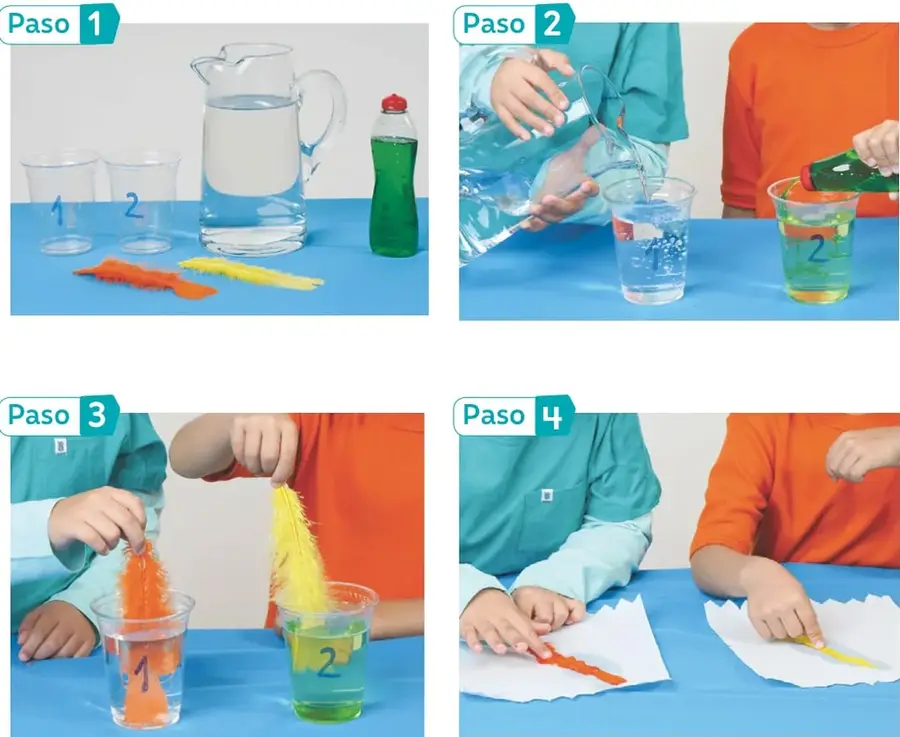 Sobre la mesa hay dos vasos numerados 1 y 2, una jarra con agua limpia, un frasco con liquido verde y dos plumas de color naranja y amarillo.