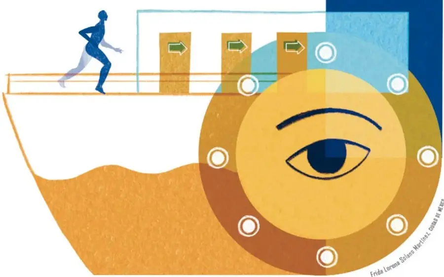 Ilustración de Frida Lorena Solís Martínez: una figura humana corre por un pasillo con puertas y flechas verdes de salida; a la derecha, un gran ojo dentro de un círculo dorado con círculos blancos alrededor, sobre fondo azul y ocre. Sugiere vigilancia, laberinto y viaje.