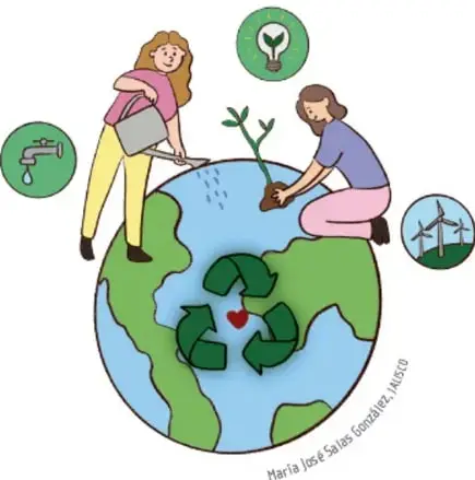 Ilustración: dos personas cuidando un planeta Tierra con símbolos de reciclaje, una riega una planta y otra la siembra; rodeada de íconos de energía limpia (bombilla), agua (grifo) y molinos de viento. Crédito: María José Salas González Amezcua.