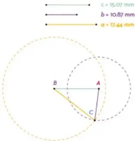 Tres segmentos con medidas: a=17.44 mm, b=10.87 mm, c=15.07 mm. Se muestran circunferencias trazadas desde los extremos que se intersecan formando un triángulo.