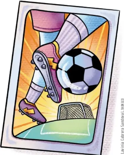 Tarjeta ilustrada de un memorama que muestra a una persona jugando fútbol: piernas con espinilleras y tachuelas pateando un balón frente a una portería, con fondo de rayos de colores. Ilustración de Lavinia Cabrera Santoval / INBA.