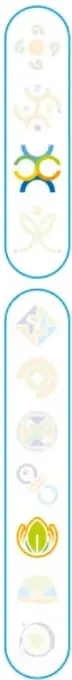 Franja vertical decorativa con pequeños íconos de flores, estrellas y figuras geométricas de colores.