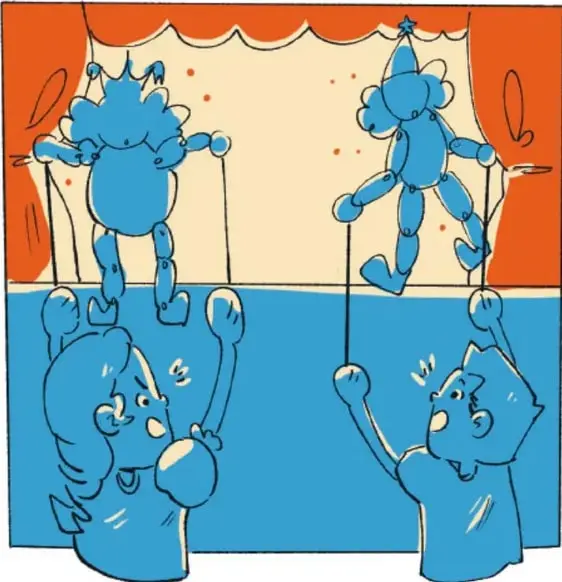 Ilustración de dos niños manipulando títeres detrás de un escenario montado sobre una mesa con mantel; el escenario tiene cortinillas y dos títeres en行动.