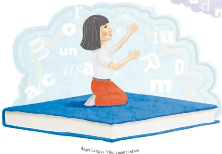 Niña llamada Lu arrodillada sobre un libro azul, con los brazos abiertos, rodeada de nubes con letras.