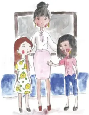 Ilustración de una maestra con dos alumnas: una de vestido amarillo con flores y otra de playera rosa y pants azul, en un salón de clases.