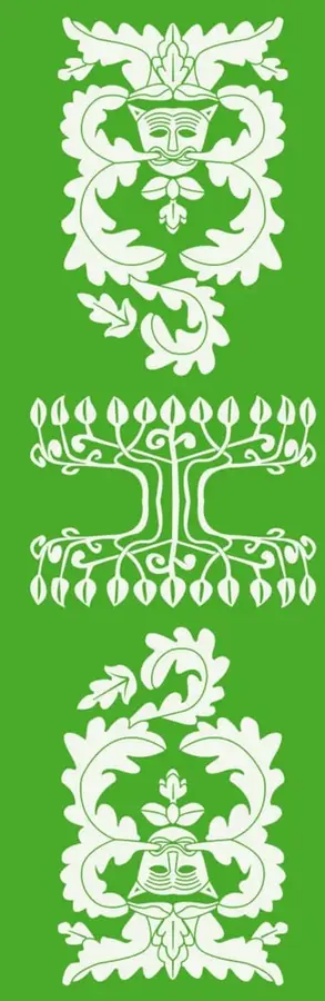 Ilustraciones decorativas de arte popular en blanco sobre fondo verde: en la parte superior y inferior figuras antropomorfas estilizadas con rasgos de rostro y hojarasca, y en el centro un árbol con ramas, hojas y raíces simétricas.