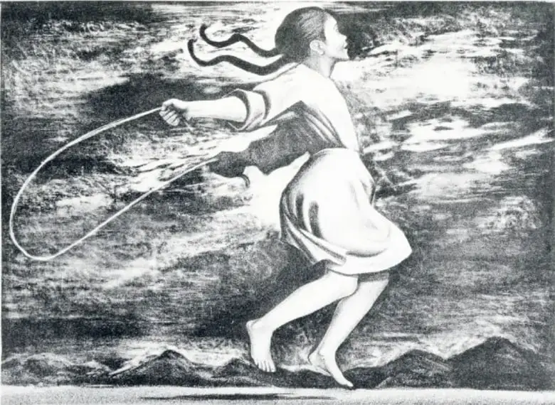 Grabado en blanco y negro de una niña descalza que salta la cuerda; el cabello y la falda se mueven con el viento. Al fondo hay montañas y un cielo con nubes.