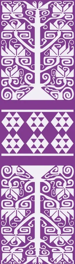 Tres patrones decorativos geométricos en blanco sobre fondo morado: arriba y abajo, grecas con motivos vegetales y espirales de estilo mesoamericano; al centro, una greca de rombos y triángulos. Son elementos gráficos de la Colección Sk´asolil, sin contenido matemático.