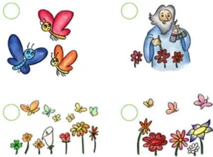 Cuatro escenas para ordenar: mariposas volando, Dios pintando flores, flores y mariposas juntas, y flores en el campo.