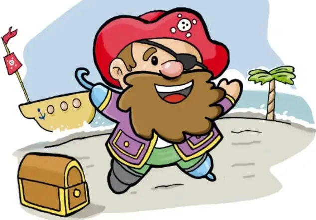 El pirata sonríe junto a su cofre del tesoro, con su barco y una palmera al fondo, como ofreciendo su amistad.