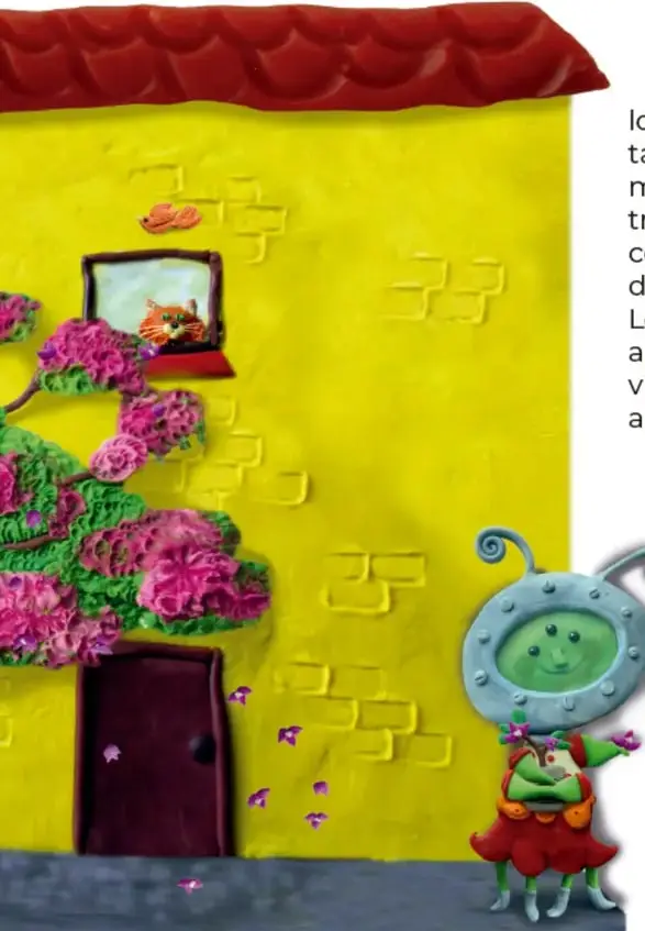 Casa amarilla con techo rojo, ventana con un gato, flores moradas y un personaje verde con antenas.