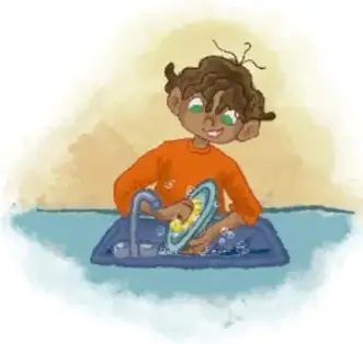 Ilustración de un niño con cabello recogido y ropa naranja, sentado y trabajando con materiales sobre una mesa azul.