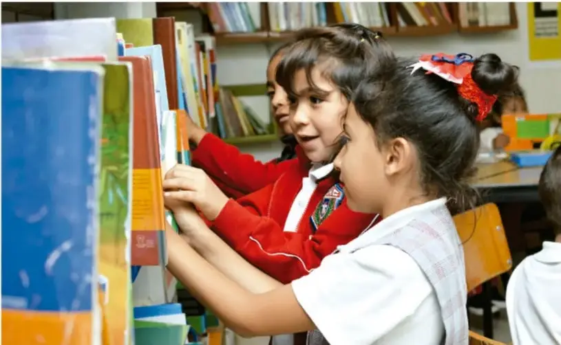 Niñas y niños en una biblioteca eligiendo libros para investigar.