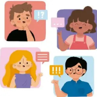 Cuatro personajes escolares (niños y niñas) conversan entre sí con globos de diálogo, símbolos de pregunta y exclamación, representando el debate y la comunicación.